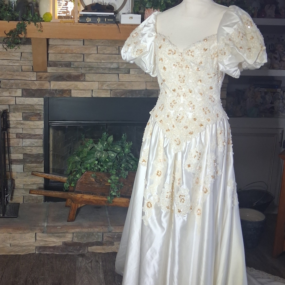 Mon Cheri Vintage Ivory and Gold Beaded Puff Sleeve Wedding Gown BeadedTrain
